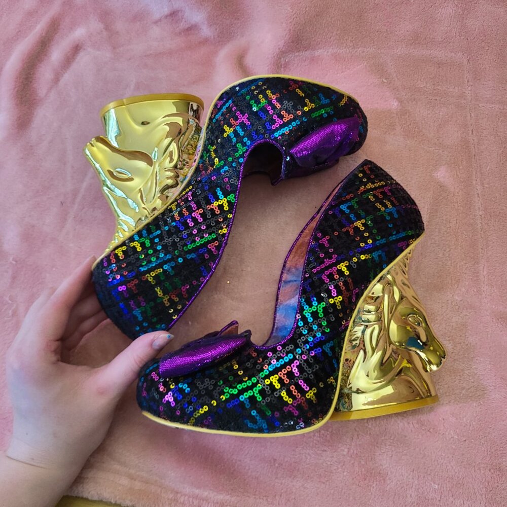 NWOB Irregular Choice Trixy Velvet Sequin Unicorn Heels Gold Size 41 / 10 - Picture 6 of 6